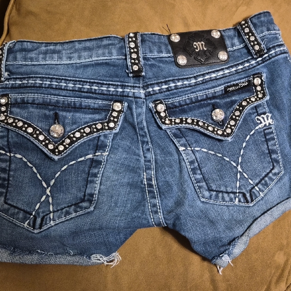Miss Me Blue Denim Shorts with Silver Rhinestone Accents. Very Cute.